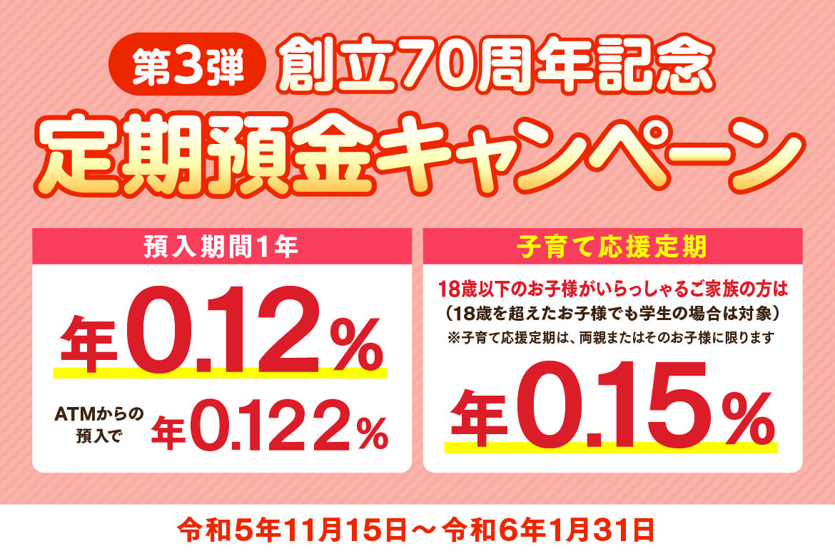 「第2弾定期預金創立70周年記念キャンペーン」のご案内